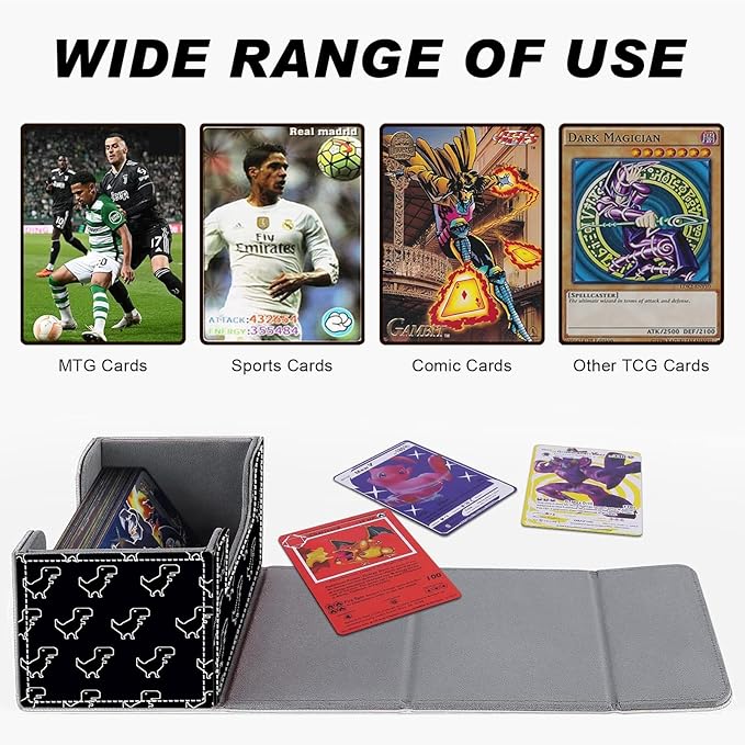 DEGDFSGR for TCG MTG Card Game Storage Box Organizer Trading Card Case Commander Deck Box Magnetic Closure Creative Pattern Up to 200 Cards, Little Dinosaur Black