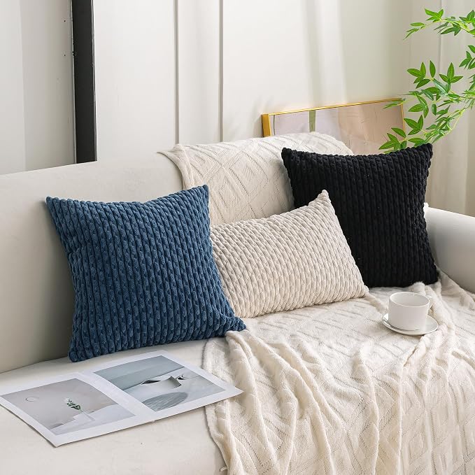 Set of 4 Blue Decorative Throw Pillow Covers 16x16 Inch Corduroy Pillow Covers for Bed Couch Sofa Living Room Soft Square Cushion Cases