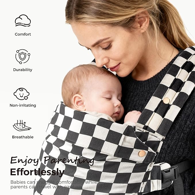 Baby Carrier Newborn to Toddler- Ergonomic,Cozy and Lightweight Infant Carrier for 7-40lbs,3 Carry Positions Newborn Carrier,Checkerboard