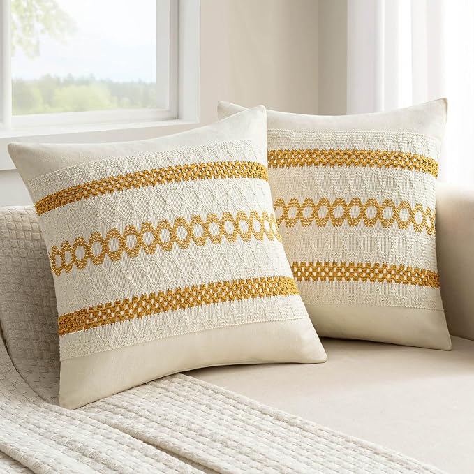 MIULEE Set of 2 Mustard Yellow Boho Decorative Pillow Covers 20x20 Inch | Fall, Boho Farmhouse Modern Couch Throw Pillows, Cotton Cushion Covers, Macrame Woven Home Decor for Bed Sofa Chair