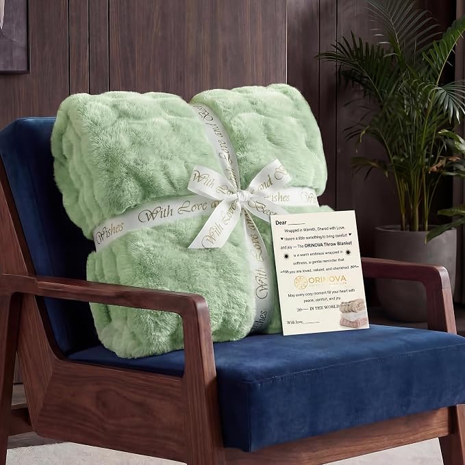 ORINOVA Sage Green Throw Blanket for Couch, 50x60 Ultra Soft Faux Rabbit Fur, Fuzzy Fluffy Plush Bubble Texture, Cozy Warm Reversible Sofa and Bed Cover, Living Room Decor, Gifts for Women