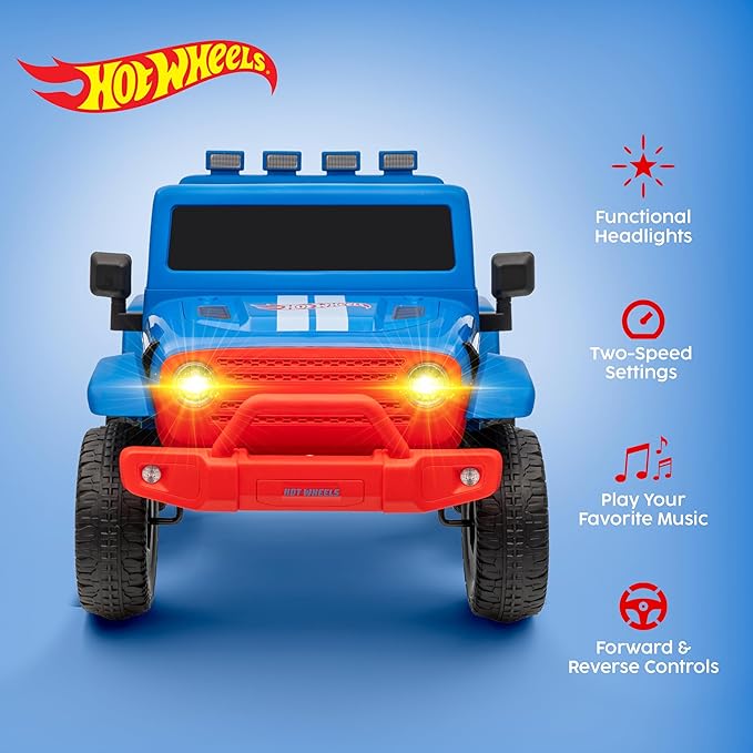 Hot Wheels - 12V Kids Ride On Jeep with Rechargeable Battery, LED Headlights, Press-Button Start, Durable Wheels, Forward & Reverse Drive, Contoured Seat