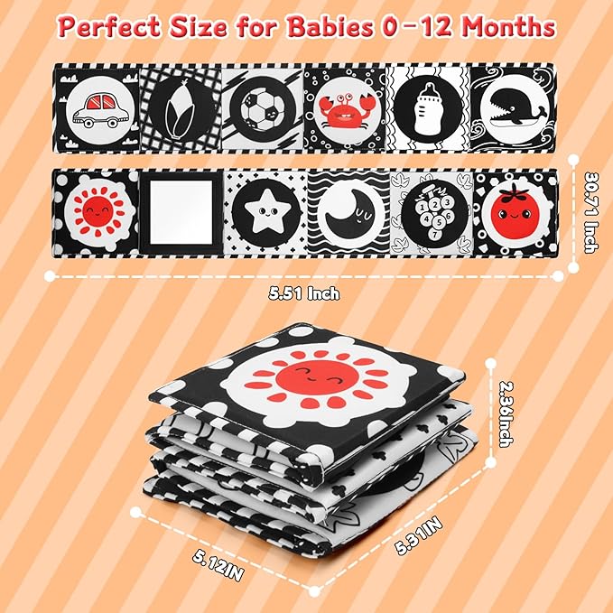 High Contrast Baby Toys for Newborn – Black White Tummy Time Mirror Toy, Crinkle Sensory Baby Book 0-6 Months for Newborns, Attach to Crib/Stroller/Car Seat