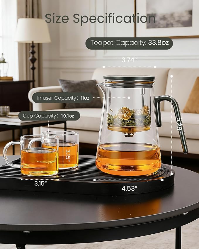 ZENS Magnetic Teapot Set, Enchanted Magic Glass Tea Infuser Pot with 2 Cups for Loose Leaf Tea Steeper, Mess-Free Tea Maker Tea Diffusers for Tea Lovers Ideal Gifts, 34oz (1000 ml)