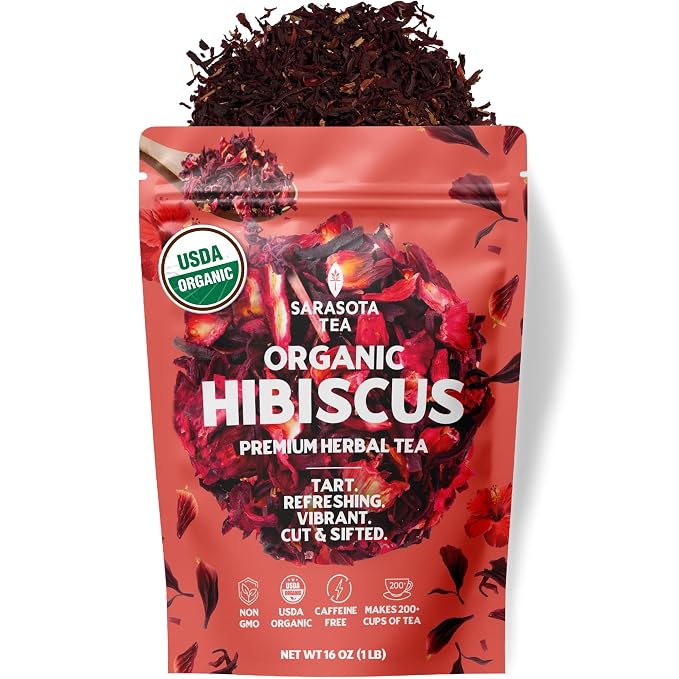 Organic Hibiscus 1lb Loose Leaf Tea | Naturally Tart & Refreshing Herbal Tea | Caffeine-Free | Dried Hibiscus Flowers for Hot or Iced | Non-GMO | Detox & Hydration Support