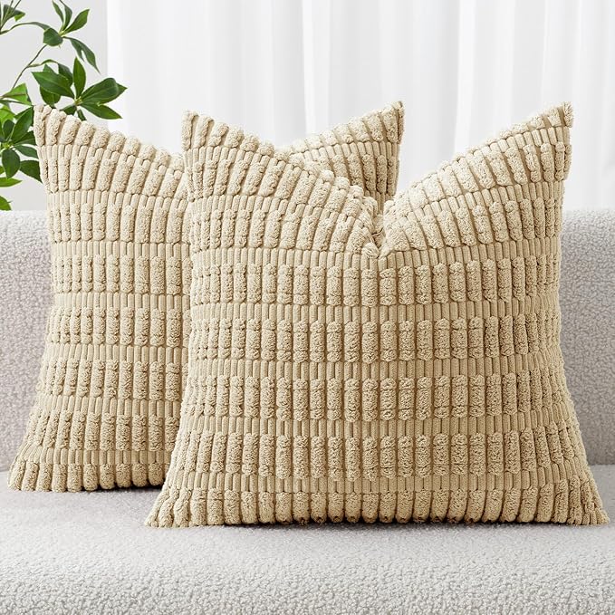 MIULEE Euro Sham Corduroy Decorative Throw Pillow Covers 22x22 Tan Set of 2 | Soft Neutral Boho Striped Pillow Covers Modern Farmhouse Home Decor For Sofa Living Room Couch Bed