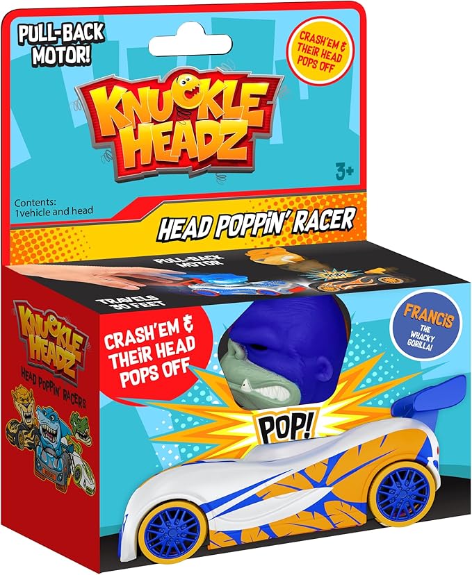 Knuckle Headz Pop-Up Racer Car Toy, Friction-Powered Pull Back Race Car, Head Popping Fun Gift for Kids, Boys, Girls, Ages 3+, Gorilla