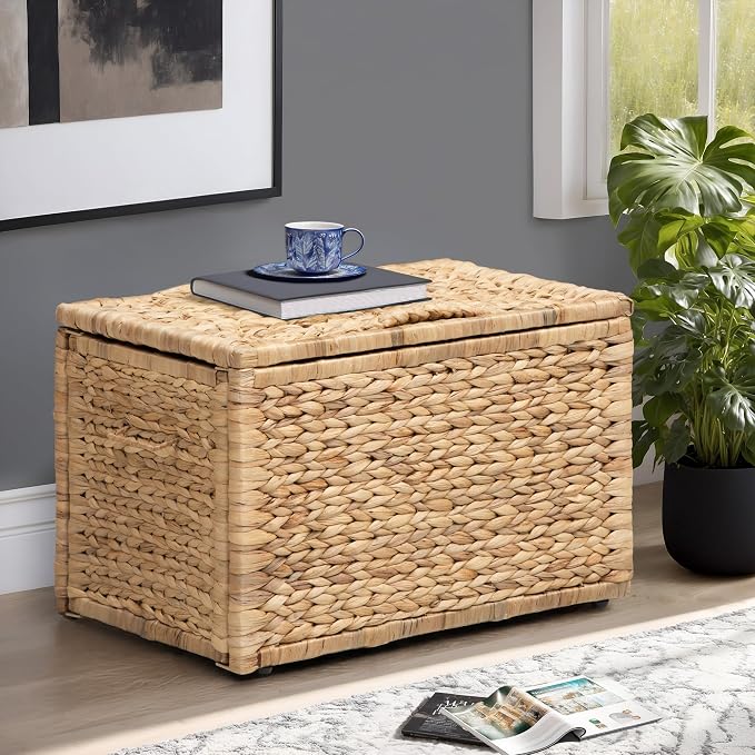 Storage Trunk with Metal Frame, Natural, 20.5 by 14.8 by 13.4 Inches | Safety Hinge, Heavy-duty Wicker Chest, Handwoven Water Hyacinth