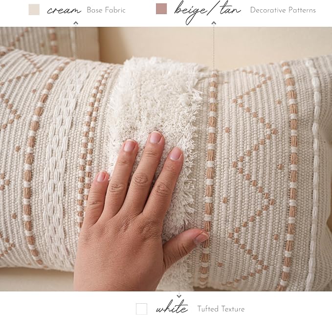 Decorative Throw Pillow Covers 20x20 Combo Set of 2 Square Cream Neutral White Boho Accent Pillowcase Tassels Farmhouse Cushion for Couch Sofa Bedroom Living Room Home Décor Cover ONLY