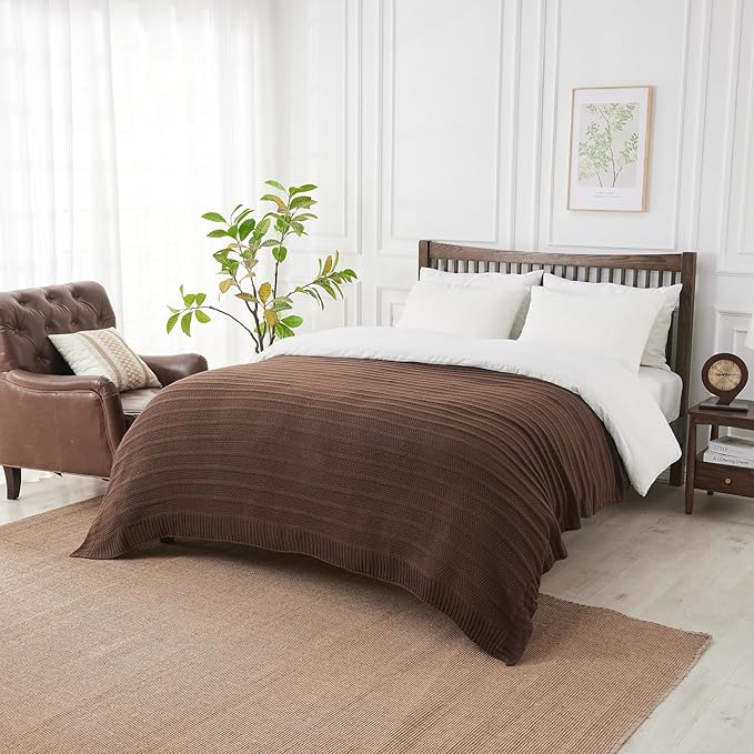 Douceur Brown Throw Blanket for Couch, Soft Cozy Lightweight Stripe Pattern Knitted Throw Blanket for Sofa, Living Room Gift, 50"X60"