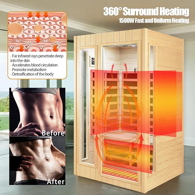 2 Person Sauna, Low EMF Far Infrared Sauna, 1500W Hemlock Wood Sauna Indoor Sauna Infrared Sauna for Home with Bluetooth Speakers, Reading Lamps, Tempered Glass