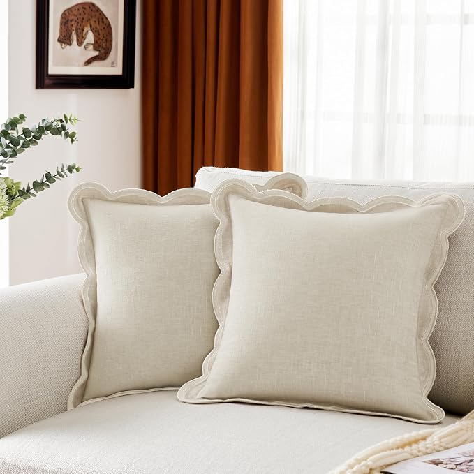 Ohocut Scalloped Pillow Cover Pack of 2 Spring Chenille Decorative Throw Pillow Covers Cute Boho Couch Pillow Covers Aesthetic Funky Preppy Pillow Cases for Sofa Living Room (Cream White, 20x20 Inch)
