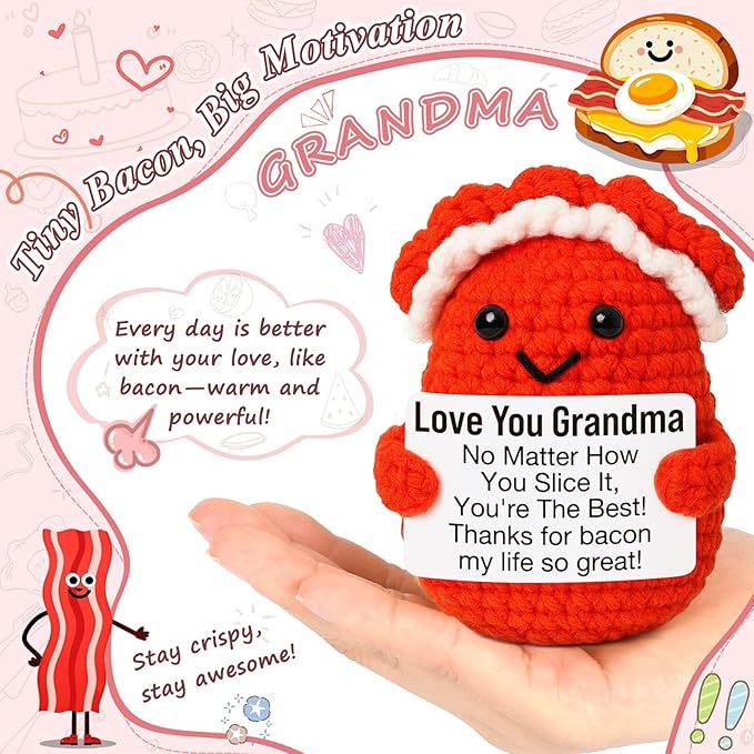 Mini Birthday Grandma Gifts from Granddaughter Grandson Christmas Thanksgiving Day Gift for Grandma Cute Handmade Crochet Bacon Gifts for New Nana Gigi Grammy Grandmother Christmas Stocking Ideas