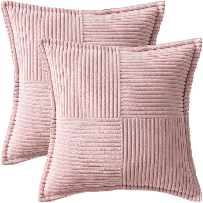 MIULEE Decorative Throw Pillow Covers for Couch 18x18 Inch Pink 2 Pack | Boho Broadside Striped Patchwork Pillow Covers, Soft Corduroy Cushion Cases, For Sofa Bed Livingroom Home Decor