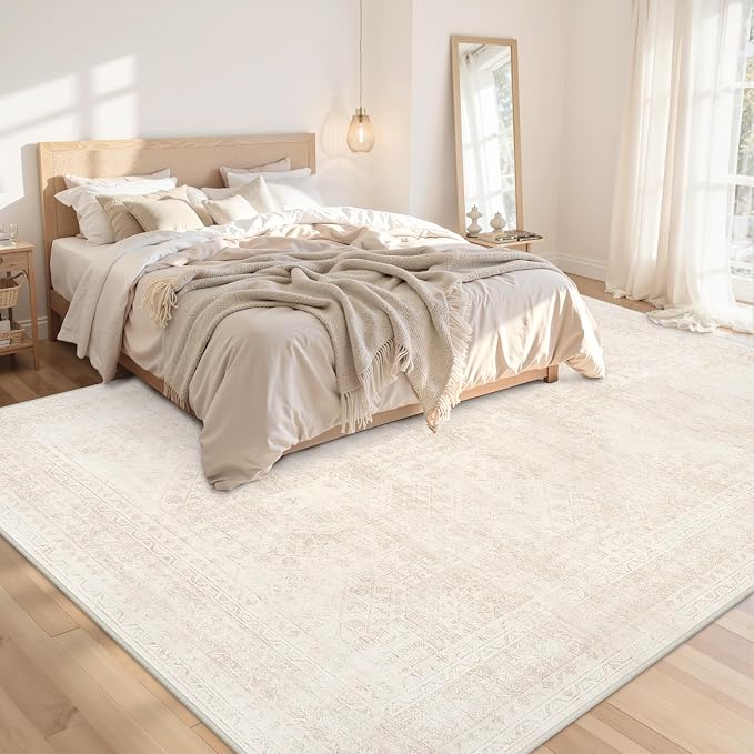 10x14 Area Rugs for Living Room: Vintage Boho Neutral Washable Rug Indoor Soft Large Area Rug Carpet for Bedroom Nursery Farmhouse Dining Room Office Floor Non-Slip Low Pile Under Table Rug Beige