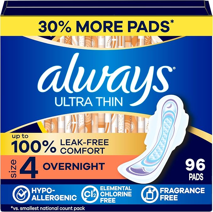 Always Ultra Thin Feminine Pads with Wings for Women, Size 4, Overnight Absorbency, Unscented, Up to 100% Leak-Free Comfort, 96 Count