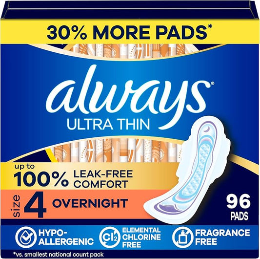 Always Ultra Thin Feminine Pads with Wings for Women, Size 4, Overnight Absorbency, Unscented, Up to 100% Leak-Free Comfort, 96 Count
