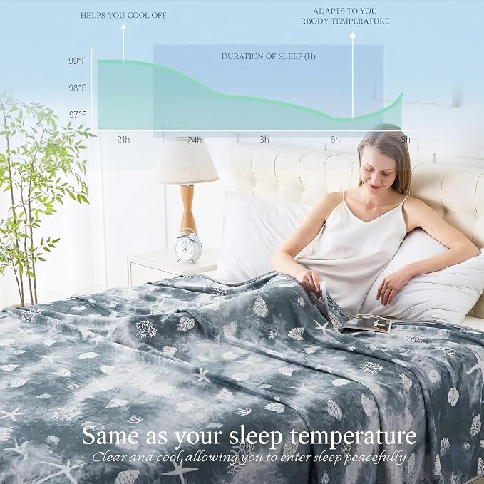 Cooling Blanket Queen Size (90"x90"), Double Sided Ice Cold Blanket for Hot Sleepers, Transfer Heat to Keep Cool, Soft Lightweight for Night Sweats, Bed & Couch, Ocean Design