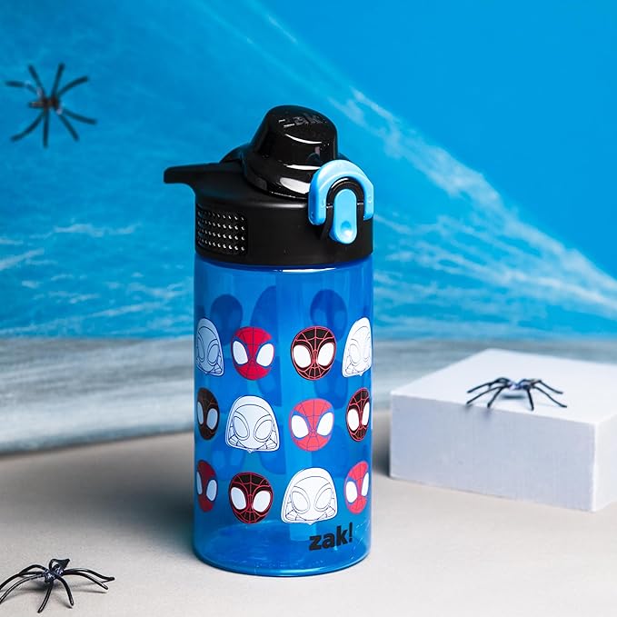 Zak Designs Marvel Spider-Man Sage Water Bottle For School or Travel, 16oz Durable Plastic Water Bottle With Straw, Handle, and Leak-Proof, Pop-Up Spout Cover (Spidey and His Amazing Friends)