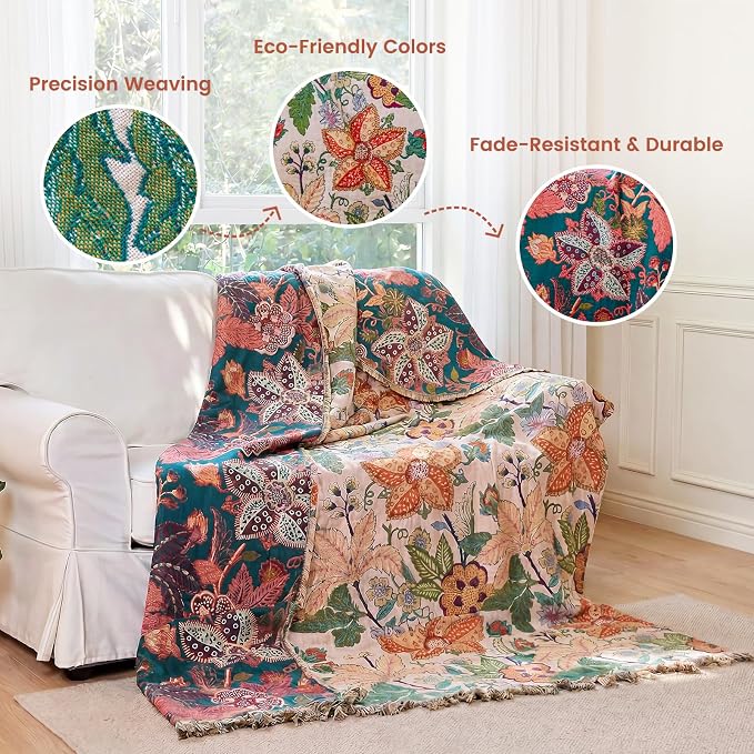 MSGKV Boho Throw Blanket 50"x60" 100% Cotton Embroidery Floral Muslin Throw | 100% Cotton Muslin, Embroidered Floral Throw, Soft & Breathable, Lightweight Comfort, Couch & Bed Decor, Machine Washable