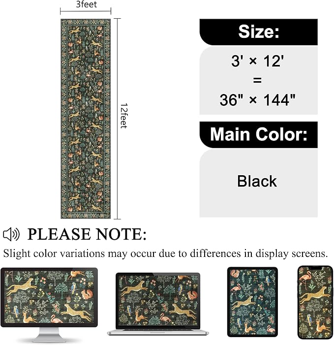 DUKINO 3x12 Runner Rug for Hallway, Washable Animal Rug for Kitchen, Black | Non Slip, Low Pile, Soft Indoor Long Carpet for Entryway, Bedroom, Bathroom, Laundry, Ultra-Thin Pet Friendly, Non-Shedding