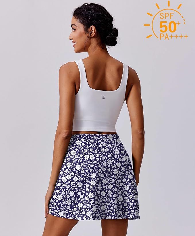 PINSPARK 17" Golf Skorts for Woman High Waisted Tennis Skirt with 4 Pockets | Lightweight, Quick Dry, 4-Way Strecth, Breathable, Tummy Control, UPF 50+ Athletic Skort for Workout, Pickleball, Gym, Casual
