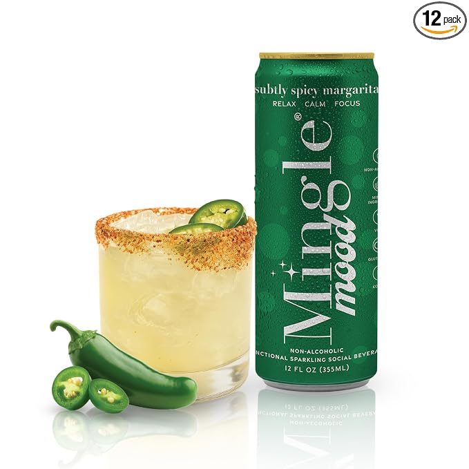Mingle Mocktails Spicy Margarita Nootropic Non Alcoholic Drinks with Ashwagandha, L-Theanine, Lion's Mane, Adaptogens, Alcohol Alternative Pre-Mixed Mocktails, Gluten Free Vegan, 12 Pack 12 fl oz