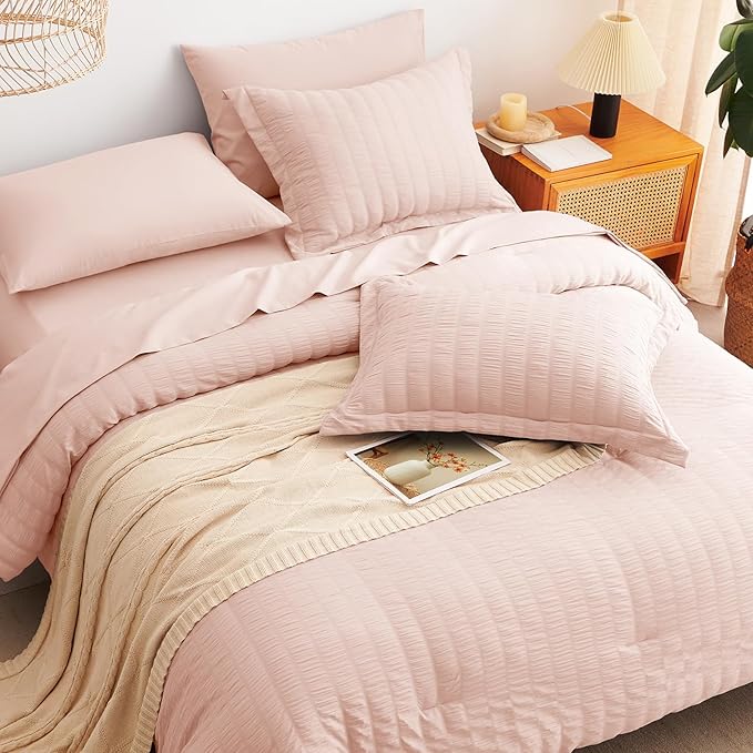 CozyLux Twin XL Comforter Set with Sheets Seersucker Blush Pink 5 Pieces Bed in a Bag, Twin Extra Long Luxury Bedding Sets for College Dorm with Down Alternative Comforter, Sheets, Pillowcase & Sham