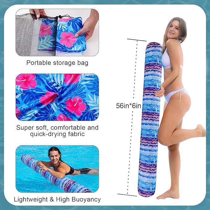 Inflatable Swimming Pool Noodle, 2 Pack Soft Fabric Quick Drying Covered Large Pool Floats Noodles, Premium Buoyancy Swim PoolFloats with Portable Storage Bag for Pool Party Toy