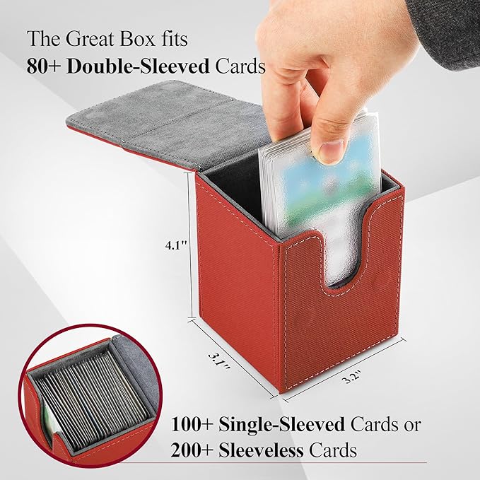 Card Deck Box for MTG Card Storage Box Holds 100 Plus Single Sleeved Cards, Microfiber Lining and Leather Card Box Compatible with Trading Card Games TCG, Yugioh Cards, etc. (Red)