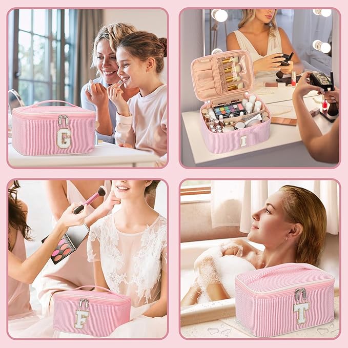 OCHEAL Makeup Bag Valentines Day Gifts for Women, Monogram Cosmetic Bag Pink Travel Makeup Case Beauty Toiletry Bag Organizer Personalized Gifts for Girls Bridesmaid, Sister, Wife, Friends Initial L
