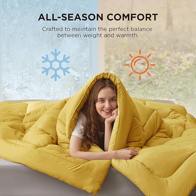 Bedsure Comforter Duvet Insert - Quilted Comforters Twin Size, All Season Duvet, GentleSoft Down Alternative Bedding Blanket, with 8 Tabs, Gifts for Women/Men, Mustard Yellow, Twin 88 x 68 Inches