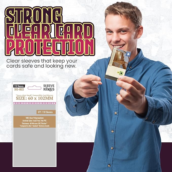 Sleeve Kings Space Alert Compatible Card Sleeves 60x102mm (110 Pack) – 60 Micron Thick, Anti-Split Protection, Extra Clear, More Sleeves Per Pack, Board Game Card Protection - SKS-8823
