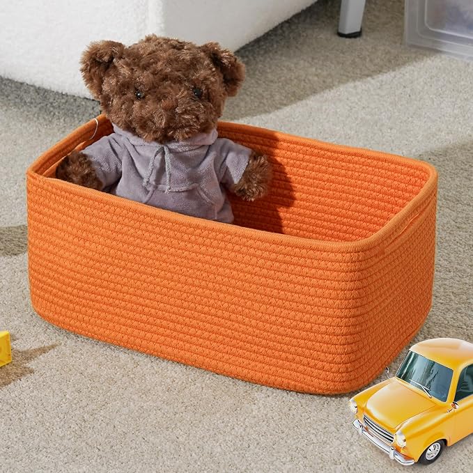 3 Pack Storage Baskets for Organizing, 13.7×9.5×6.3", Orange | Woven Baskets for Shelves, Cotton Rope Basket for Gifts Empty, Closet Organizer Bins with Handles, Cube Decorative Box