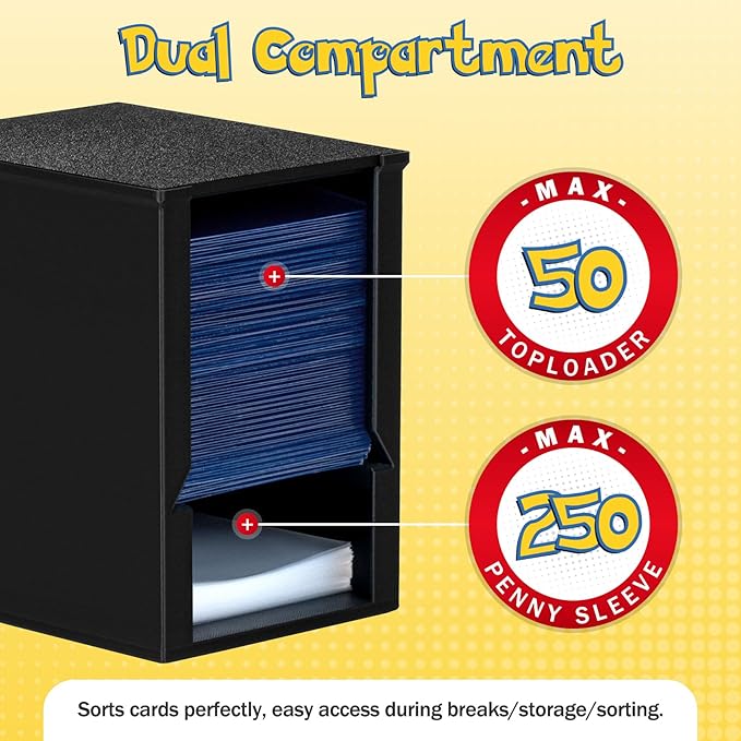 Toploader Dispenser & Penny Sleeve Holder - Dual Compartment Holds 250 Penny Sleeves & up to 50 Top Loaders, Stackable Card Storage Box with Dustproof Lid (Black)
