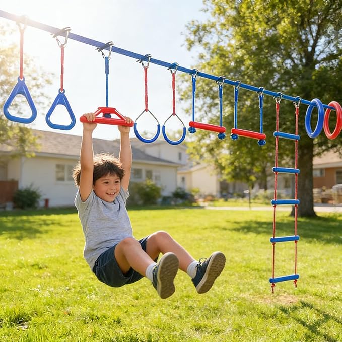 Ninja Warrior Obstacle Course for Kids Backyard-1×50ft Slackline Kit with 10 Most Complete Accessories for Boys & Girls, Rope Ladder, Gymnastic Ring, Arm Trainer and Monkey Fist