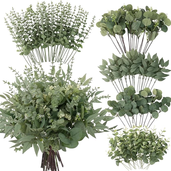 lovemoon 260 Pcs Artificial Mixed Eucalyptus Stems Bulk, 5 Kinds of Faux Greenery Eucalyptus Leaves Bulk for Vase Wedding DIY Bouquets Floral Arrangement Home Decor (260, Green)
