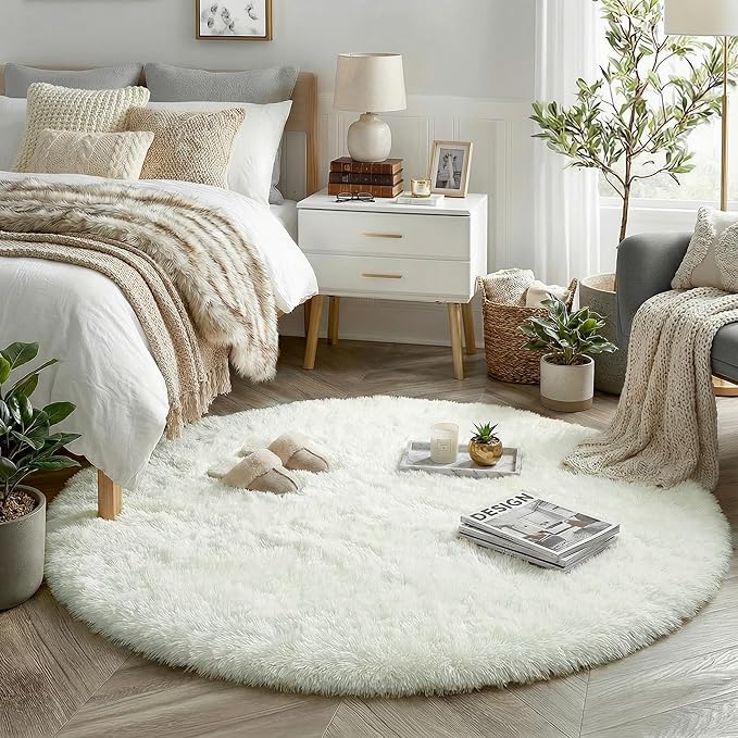 Amdrebio Ivory White Large Round Rug 8Ft for Kids Bedroom Aesthetic, Fluffy Fuzzy Furry Circle Area Rugs for Living Room, Big Plush Soft Shaggy Cream Carpet for Apartment Baby Nursery Teen Girls Boys