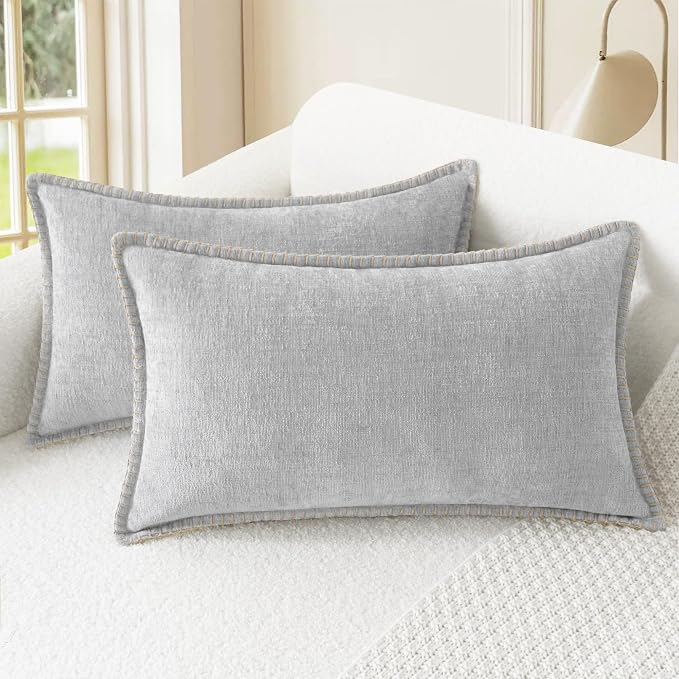 CaliTime Decorative Couch Throw Pillow Covers 20 X 12 Inches Moonbeam Gray | Pack of 2, Cozy Chenille Cushion Cases, Cotton Thread Stitching Edges, for Sofa Bed Living Room Farmhouse