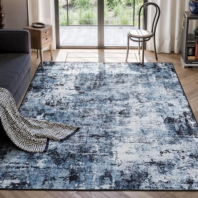 Rugflix 5x8 Area Rugs for Living Room, Washable Navy Blue Dark Large Rug | Machine Washable; Stain-Resistant; Low Pile; Non-Slip; Modern Abstract; Black Carpet for Bedroom Dining Office Nursery Home