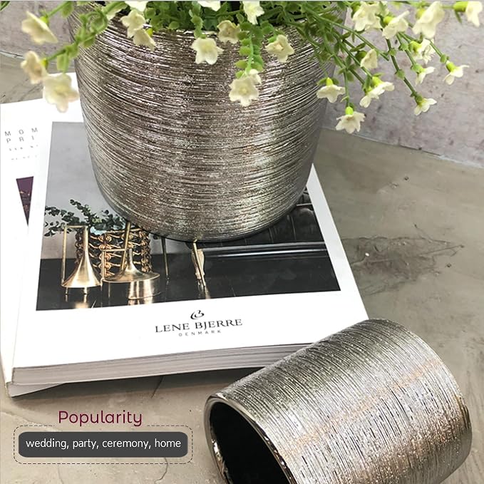 WGVI Silver Etched Ceramic Cylinder Vase Width 6.5" Height 6", Flower Arrangements, Candle Holder, Terrarium Planter Pot, Storage Container Organizer, Pen Brush Holder, Scratched Texture Design, 6 Pc
