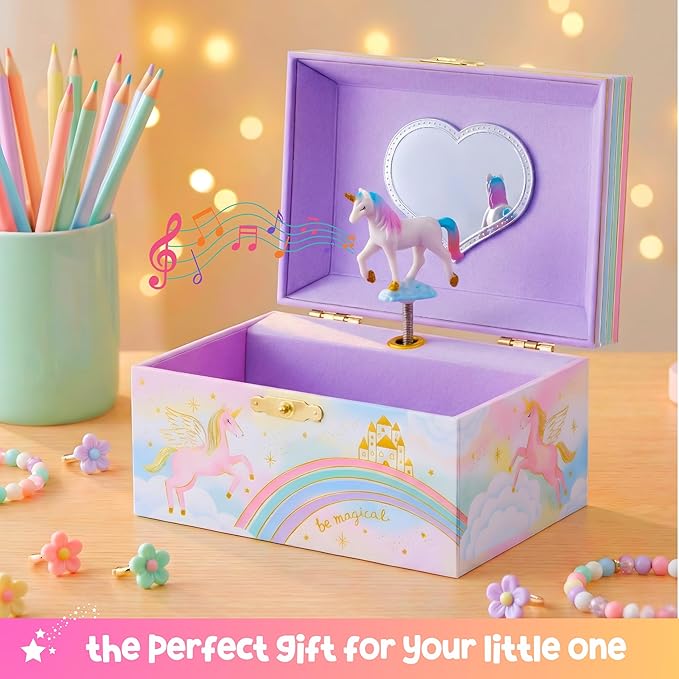 Giggle & Honey Musical Jewelry Box for Girls - Kids Jewelry Box, Unicorn Toys for Girls 4-6, Unicorn Gifts, 6 x 4.7 x 3.5 in