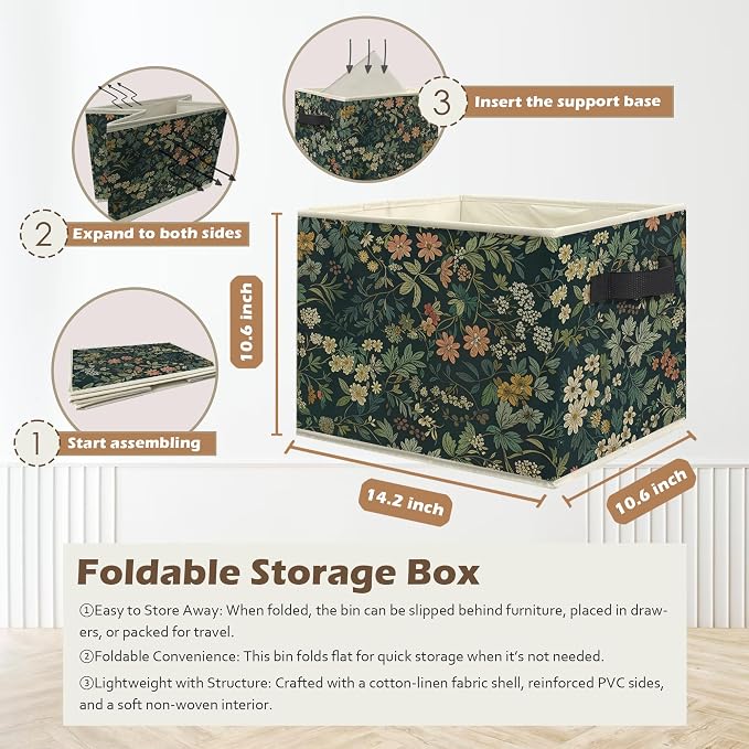 Dark Green Floral Botanical Storage Box Bins, Rustic Cottagecore Nature Flower Collapsible Storage Basket Organizer for Bedroom Bathroom Home Clothes Books, Decor for Room