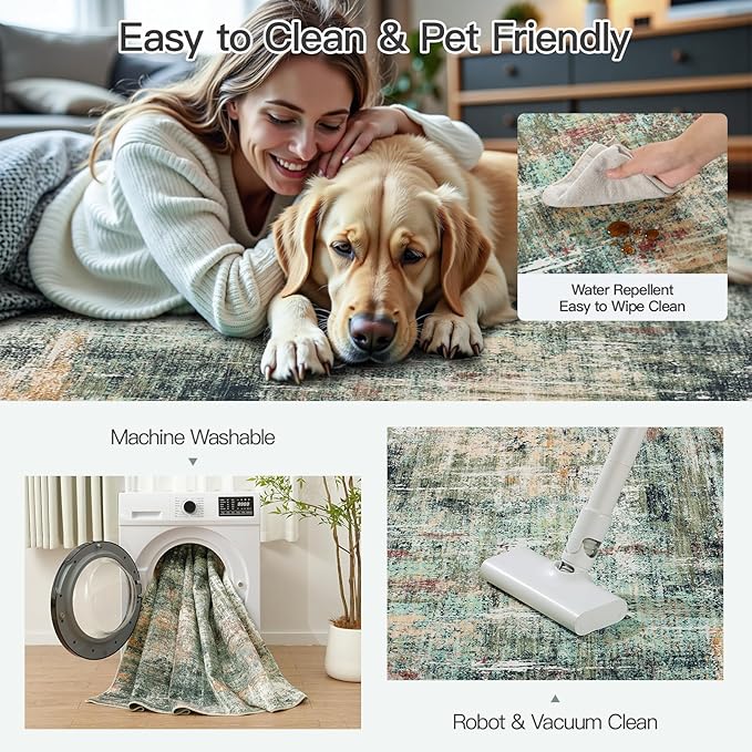 9x12 Area Rug for Living Room, Abstract Washable Large Rugs, Coffee/Green | Neutral Carpet for Bedroom, Dining Room, Home Office Nursery Indoor, Stain Resistant, Non-Slip, Low Pile, Modern Rug