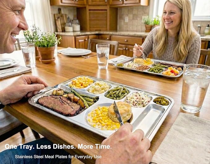 Korean Stainless Steel XL Divided Plates with Cutlery Slot for Adults 2Pack | Extra large BPA-free 8-compartment tray for camping Premium 304 electro-polished stainless steel with no black residue
