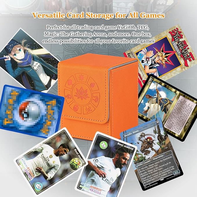 Arkeiliy MTG Deck Box with 50 Pcs Card Sleeve, 110+ Card Storage Leather Deck Box for Magic Commander, Collectible Trading Card Cases(Orange III)