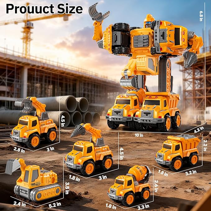 Transform Toys for Boys 4-6, 5 in 1 Take Apart Toys for Boys 3-5, Construction Excavator Transform Assembling Robot Toy for Kids, Educational Birthday Gift for 4 5 6 7 8 Year Old Boy Girls