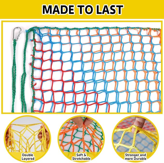 Climbing Net for Kids - 9.9FT x 9.9FT Double Layers Heavy Duty Playground Safety Net, Climbing Cargo Net for Tree House Tree Fort, Back Yard, Jungle Gyms, Monkey Bar Security Mesh（Rainbow）