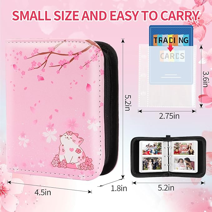 Small 1 Pocket Card Binder for Cards,Mini Trading Card Binder Holder Fits 80 Cards with 40 Removable Sleeves,Card Collection Binder Album Book Case for TCG,MTG,Sports Games (Sakura Cat)