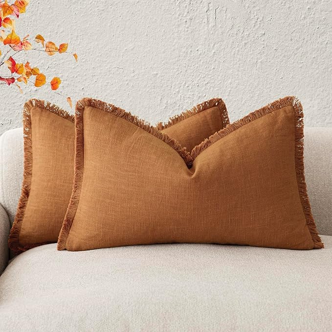 Foindtower Set of 2 Decorative Linen Fringe Lumbar Throw Pillow Covers Boho Farmhouse Cushion Cover with Tassels Soft Accent Pillowcase for Couch Sofa Bed Living Room Home Decor,12×20 Inch,Orange